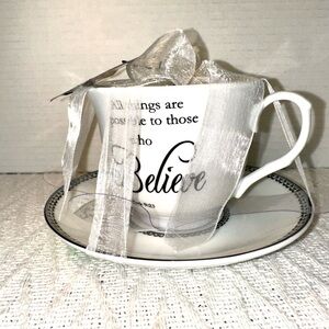 New “Believe' White Porcelain Teacup & Saucer with Silver Trim Kent Pottery